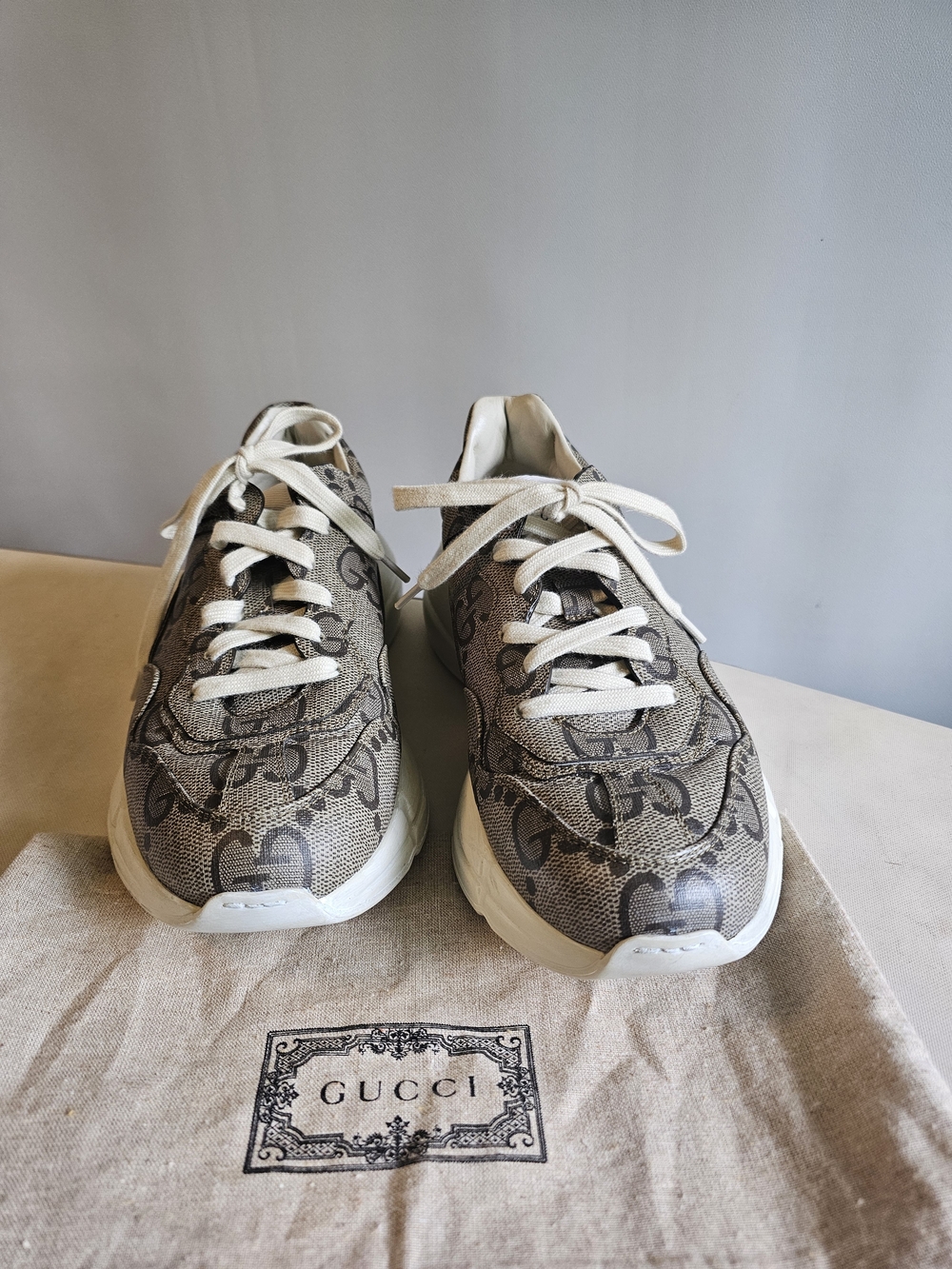 Gucci Beige Monogram Runner Sneakers with White Laces